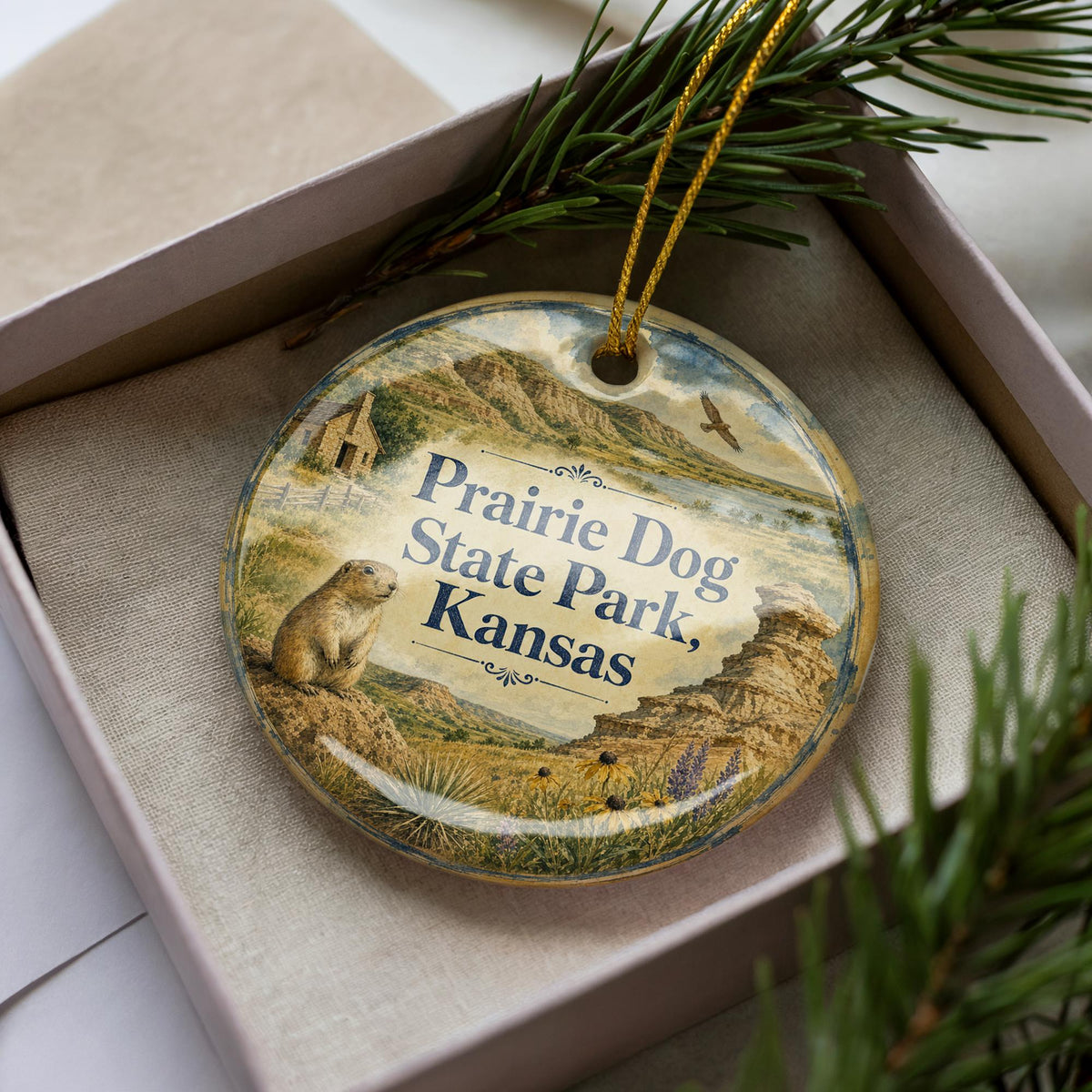 Prairie Dog State Park Kansas Watercolor Ceramic Ornament, Kansas State Park Souvenir, Prairie Dog Wildlife Keepsake Ornament — photo 1