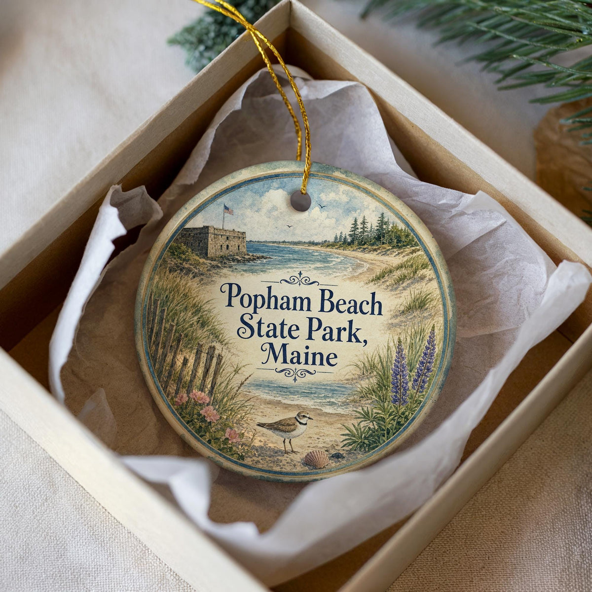 Popham Beach State Park Maine Ceramic Ornament, Watercolor Coastal Beach Souvenir, Maine Travel Gift, Seaside Vacation Keepsake — photo 1