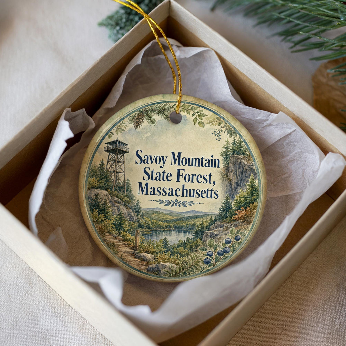 Savoy Mountain State Forest Massachusetts Watercolor Ceramic Ornament, Berkshires Nature Souvenir Gift, Hiking Forest Keepsake — photo 2