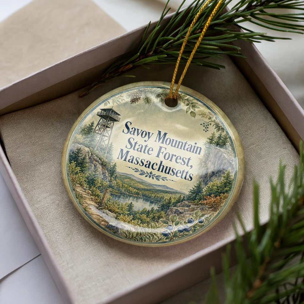 Savoy Mountain State Forest Massachusetts Watercolor Ceramic Ornament, Berkshires Nature Souvenir Gift, Hiking Forest Keepsake — photo 3