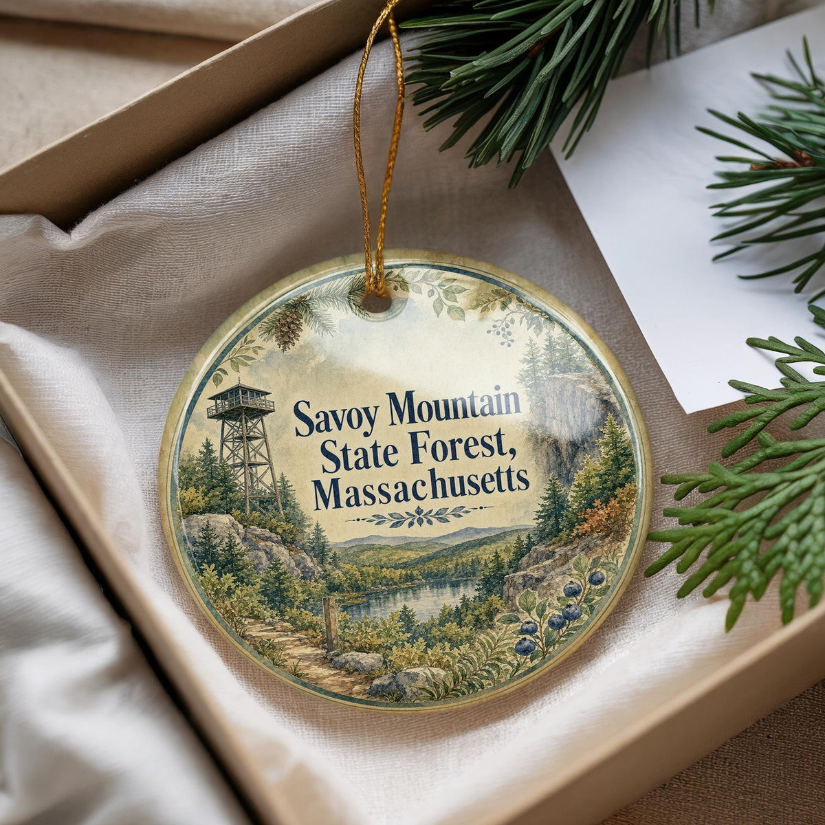 Savoy Mountain State Forest Massachusetts Watercolor Ceramic Ornament, Berkshires Nature Souvenir Gift, Hiking Forest Keepsake — photo 4