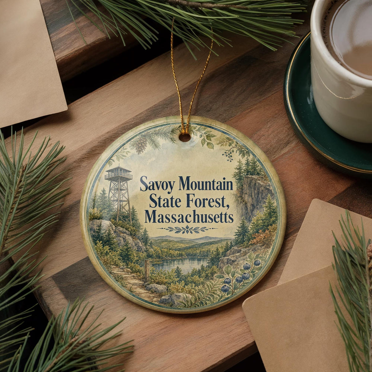 Savoy Mountain State Forest Massachusetts Watercolor Ceramic Ornament, Berkshires Nature Souvenir Gift, Hiking Forest Keepsake — photo 5