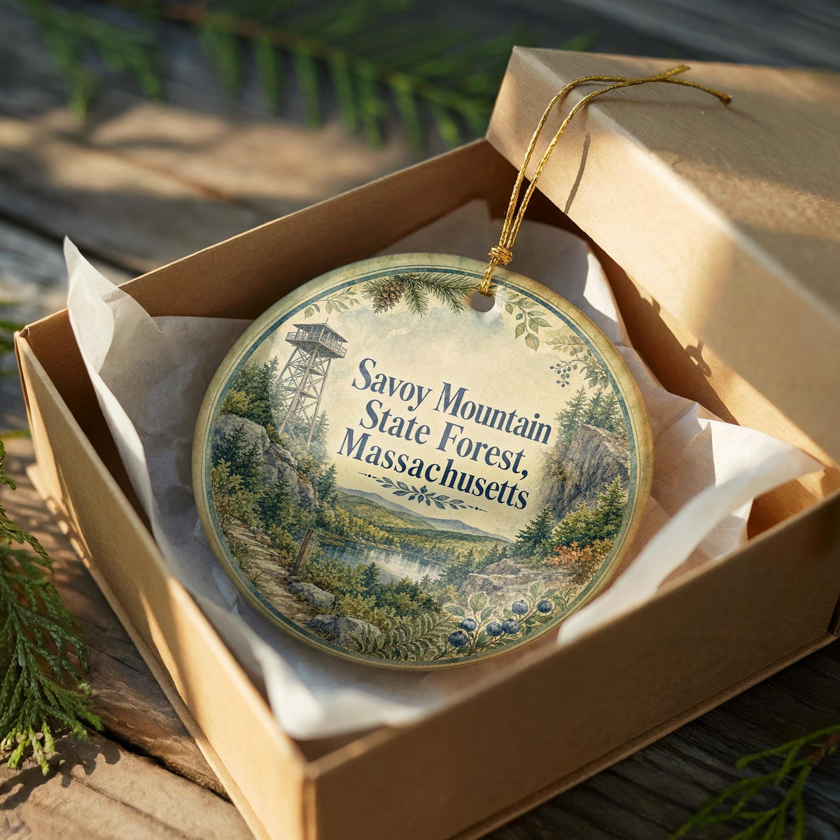 Savoy Mountain State Forest Massachusetts Watercolor Ceramic Ornament, Berkshires Nature Souvenir Gift, Hiking Forest Keepsake — photo 8