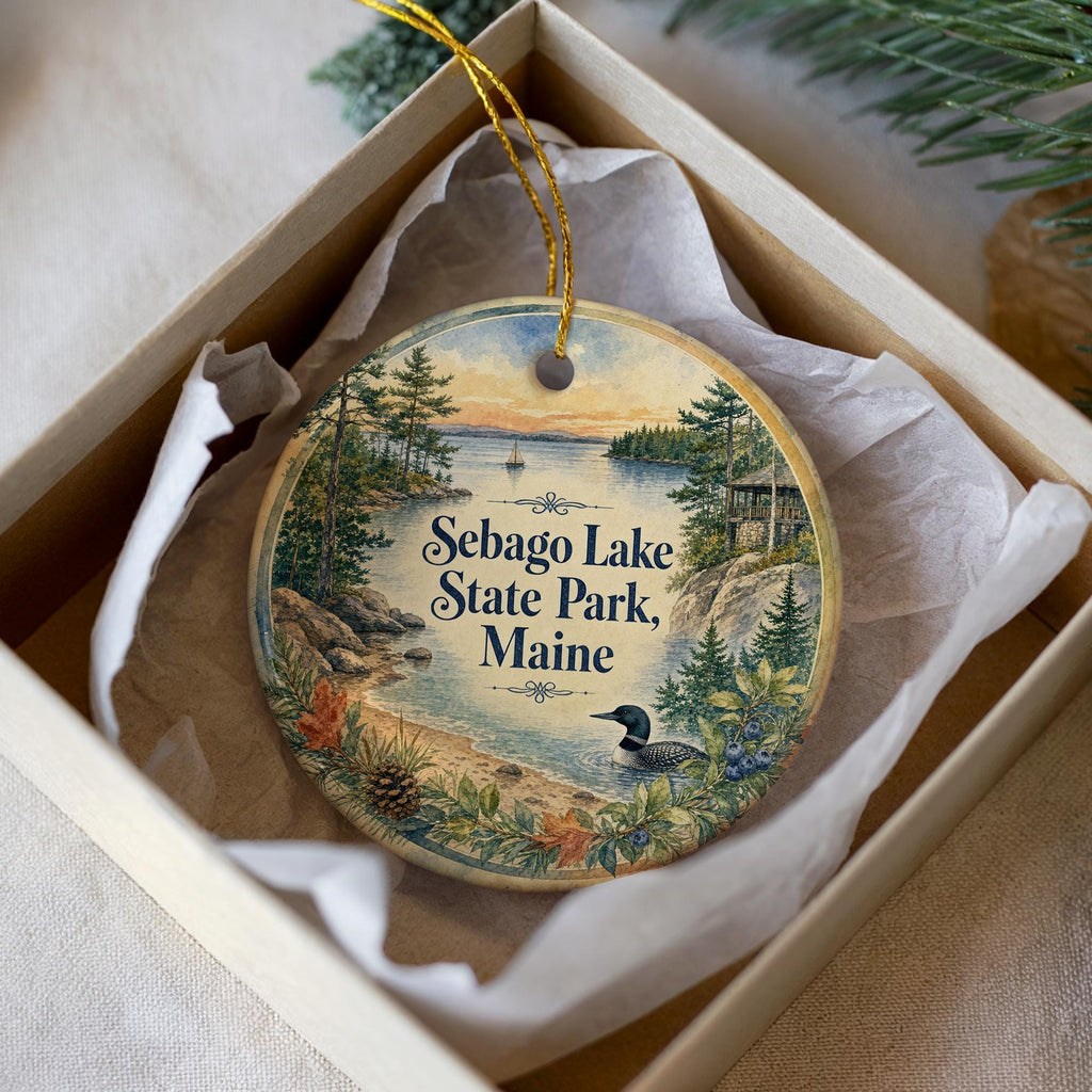 Sebago Lake State Park Maine Watercolor Ceramic Ornament, Sebago Lake Souvenir, Maine State Park Keepsake, Lake Vacation Gift — photo 2