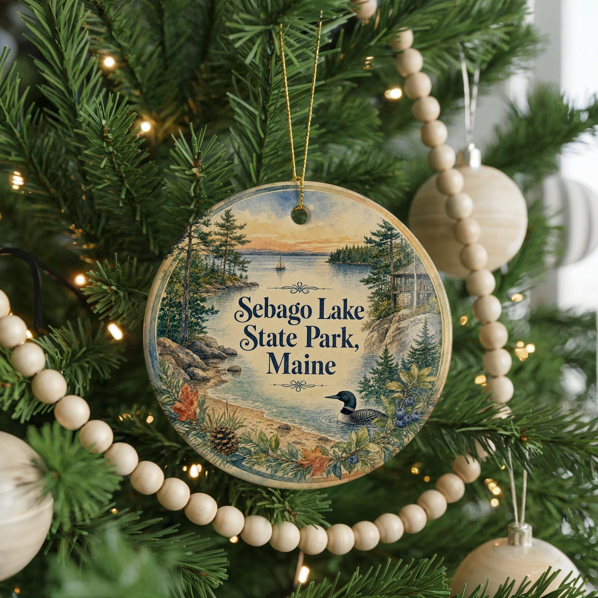Sebago Lake State Park Maine Watercolor Ceramic Ornament, Sebago Lake Souvenir, Maine State Park Keepsake, Lake Vacation Gift — photo 6