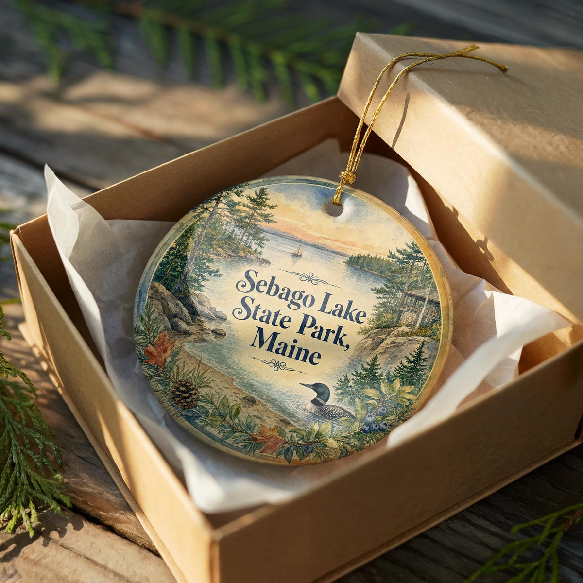 Sebago Lake State Park Maine Watercolor Ceramic Ornament, Sebago Lake Souvenir, Maine State Park Keepsake, Lake Vacation Gift — photo 8