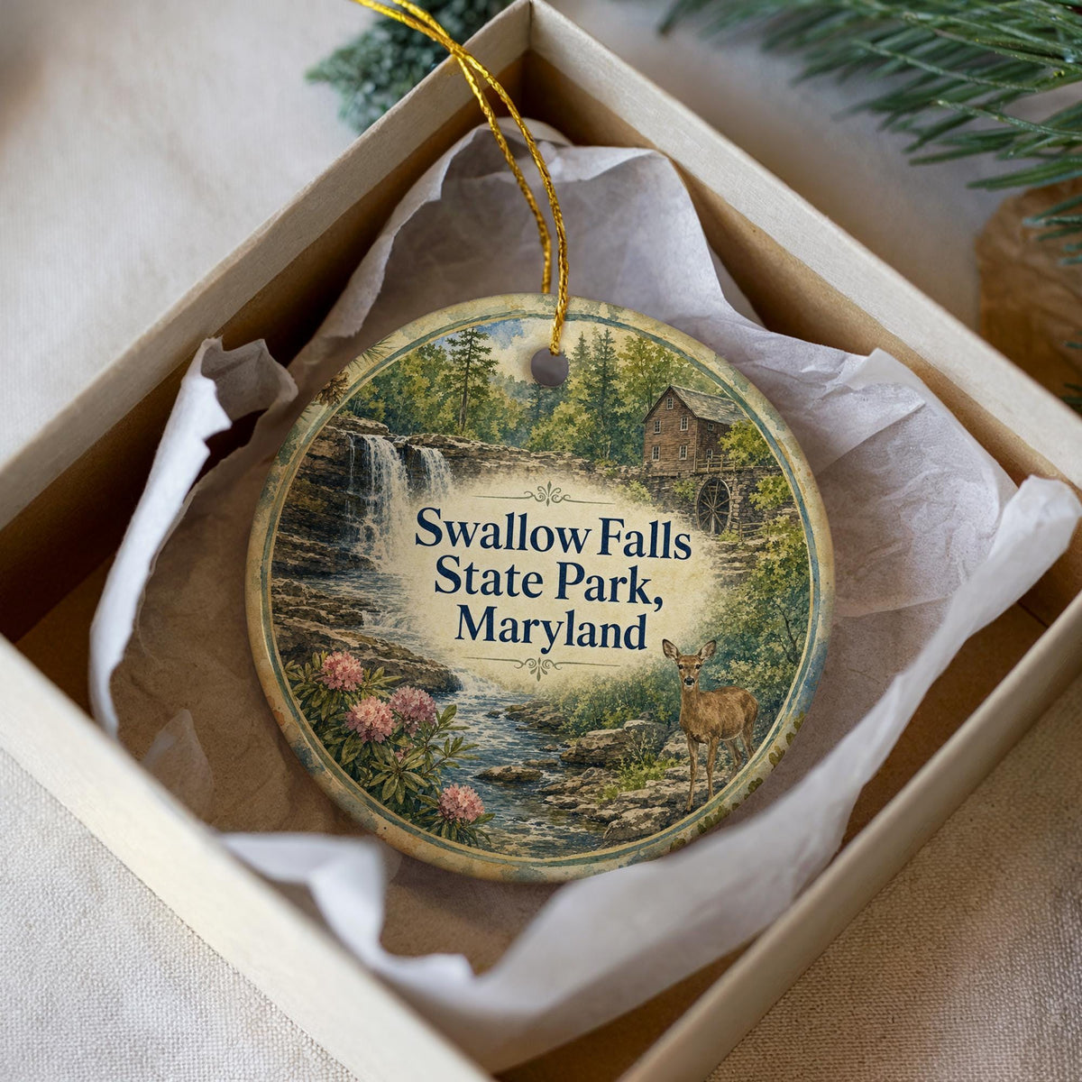 Swallow Falls State Park Maryland Watercolor Ceramic Ornament, State Park Souvenir, Nature Travel Keepsake, Maryland Gift — photo 2
