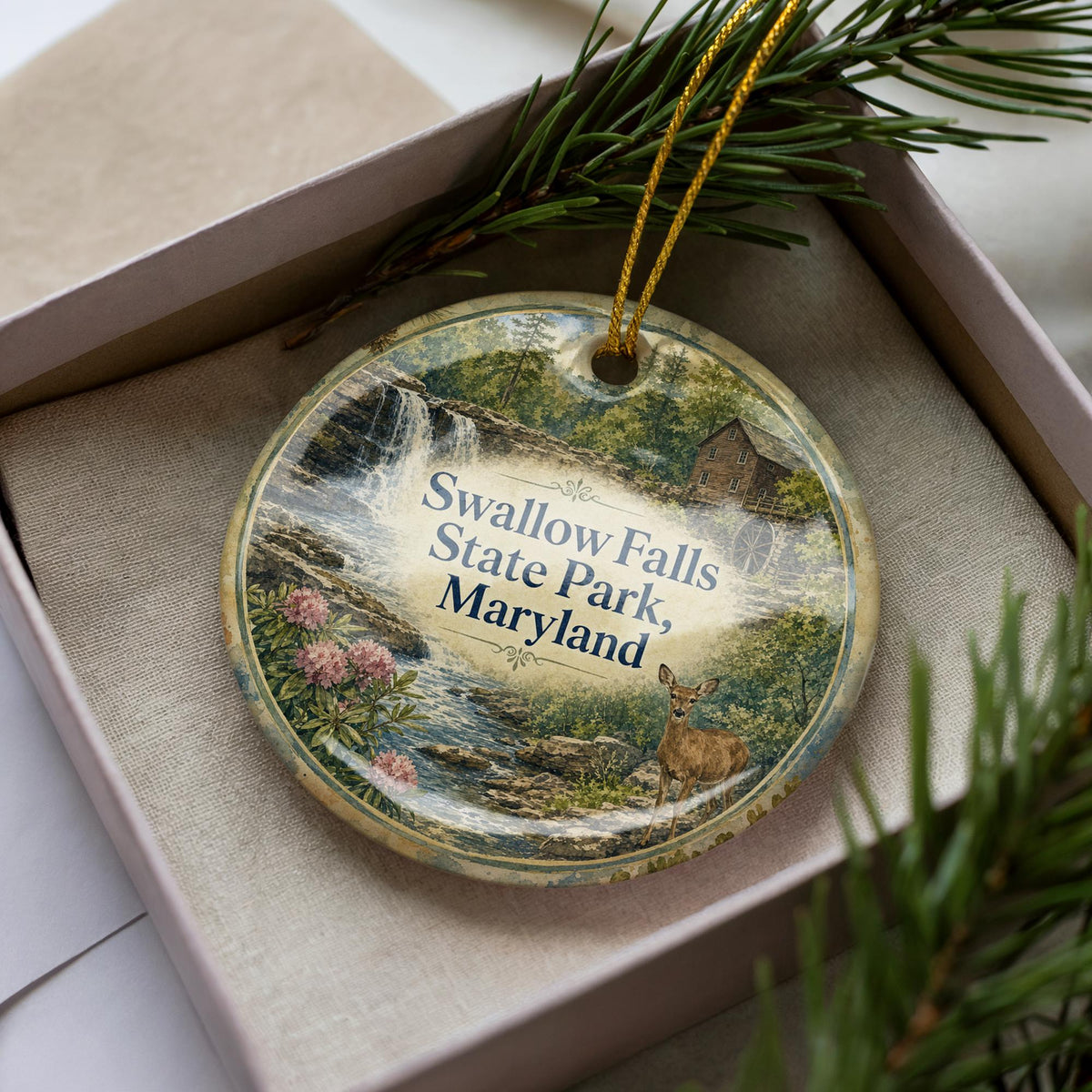 Swallow Falls State Park Maryland Watercolor Ceramic Ornament, State Park Souvenir, Nature Travel Keepsake, Maryland Gift — photo 3