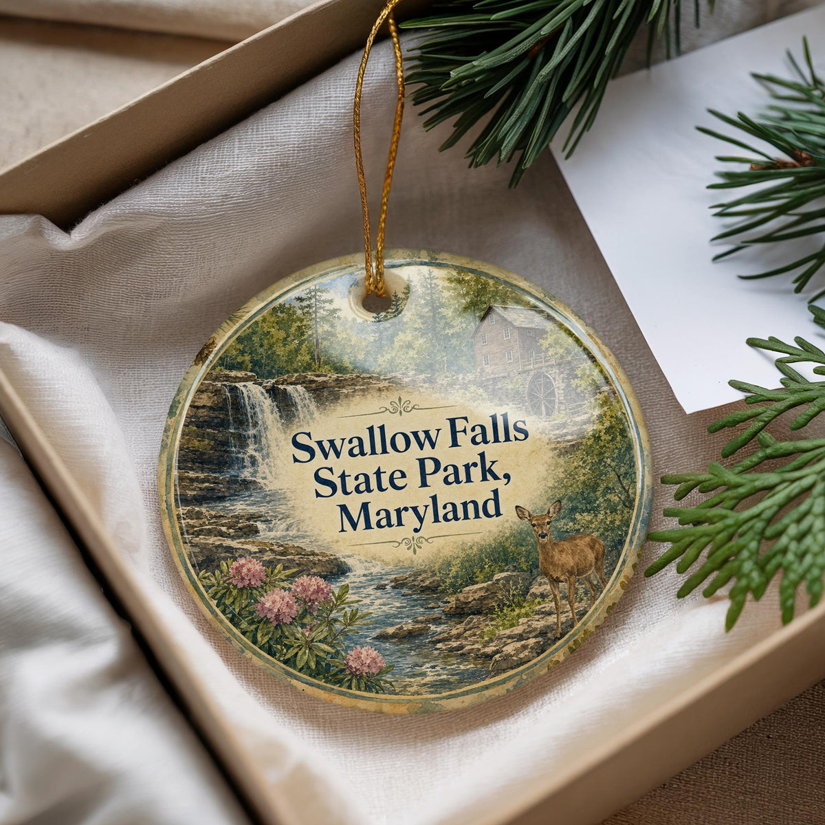 Swallow Falls State Park Maryland Watercolor Ceramic Ornament, State Park Souvenir, Nature Travel Keepsake, Maryland Gift — photo 4