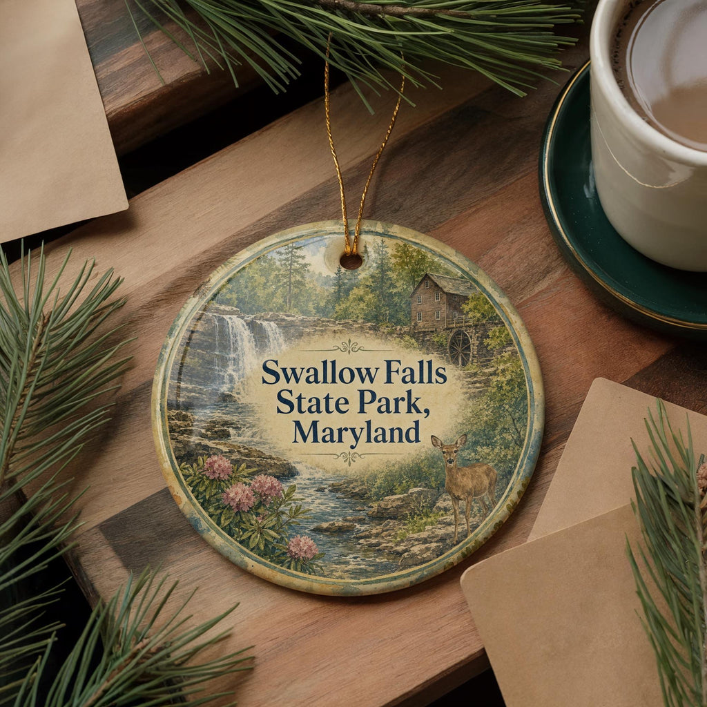 Swallow Falls State Park Maryland Watercolor Ceramic Ornament, State Park Souvenir, Nature Travel Keepsake, Maryland Gift — photo 5