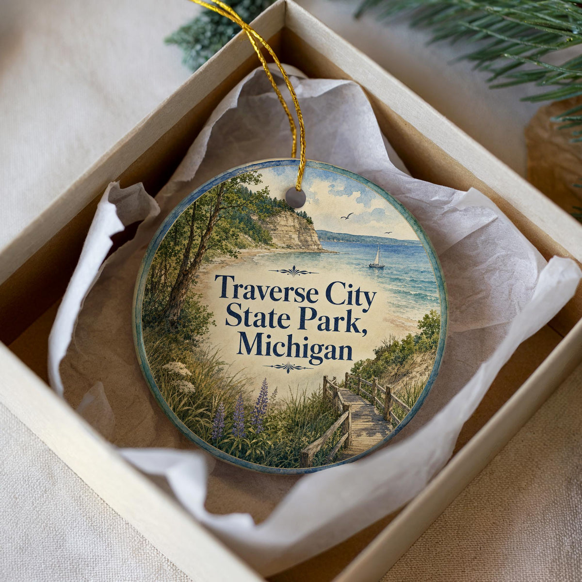 Traverse City State Park Michigan Watercolor Ceramic Ornament, Traverse City MI Souvenir, Lake Michigan Vacation Keepsake Gift — photo 2