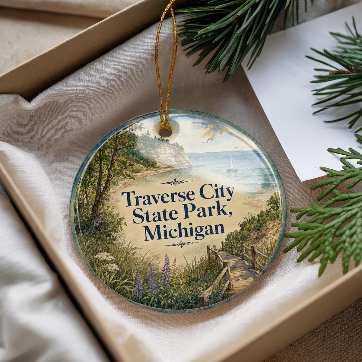 Traverse City State Park Michigan Watercolor Ceramic Ornament, Traverse City MI Souvenir, Lake Michigan Vacation Keepsake Gift — photo 4