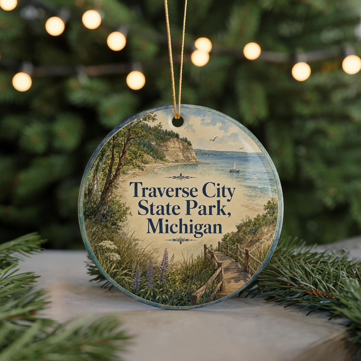 Traverse City State Park Michigan Watercolor Ceramic Ornament, Traverse City MI Souvenir, Lake Michigan Vacation Keepsake Gift — photo 7