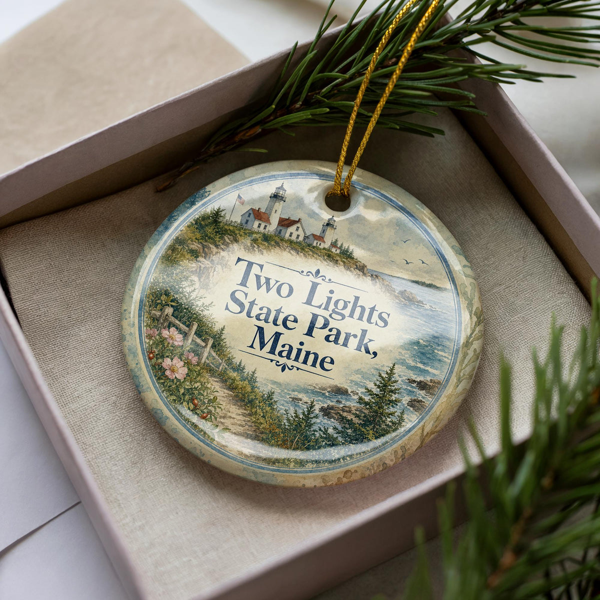 Two Lights State Park Maine Watercolor Ceramic Ornament, Coastal Lighthouse Souvenir, New England Vacation Keepsake — photo 1