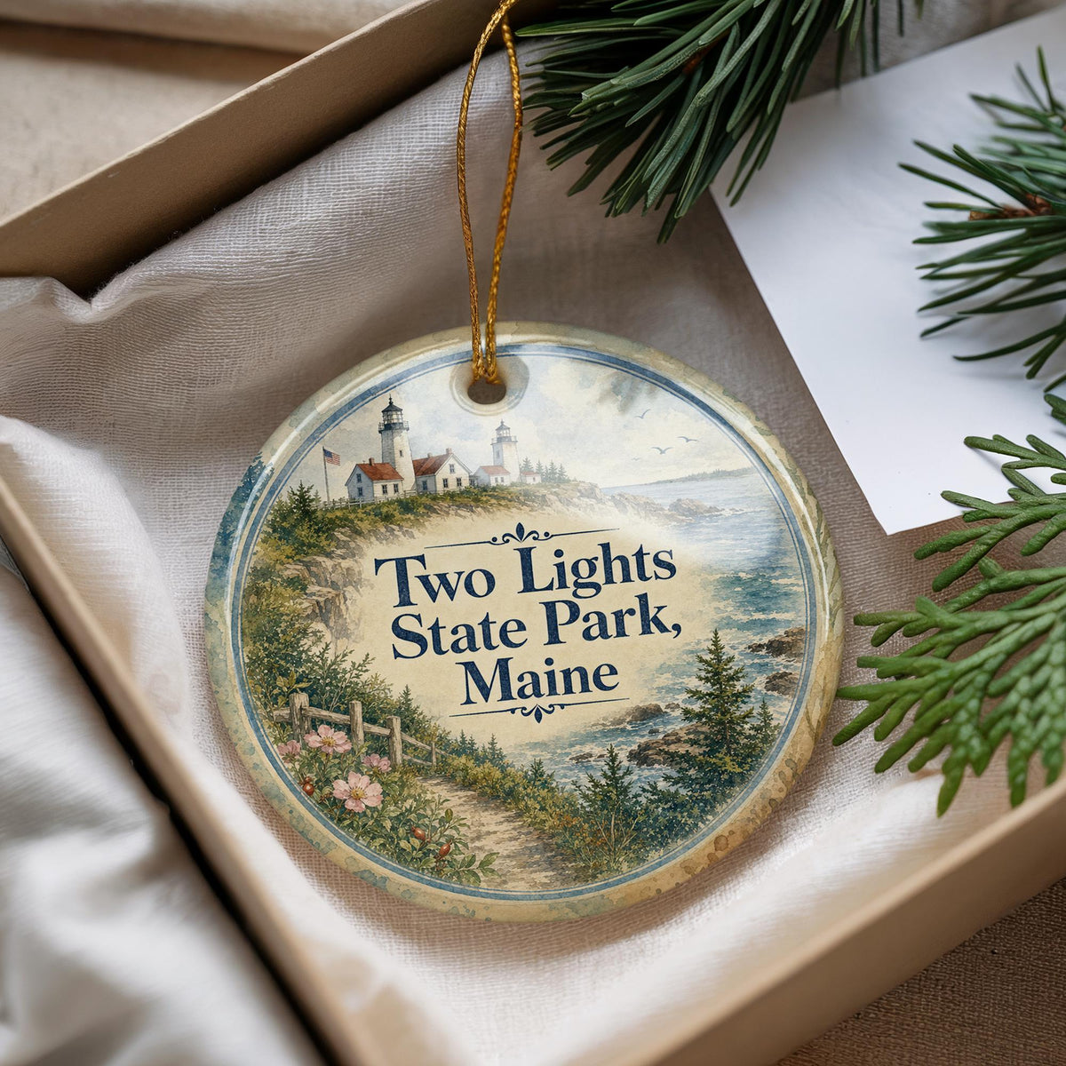 Two Lights State Park Maine Watercolor Ceramic Ornament, Coastal Lighthouse Souvenir, New England Vacation Keepsake — photo 4