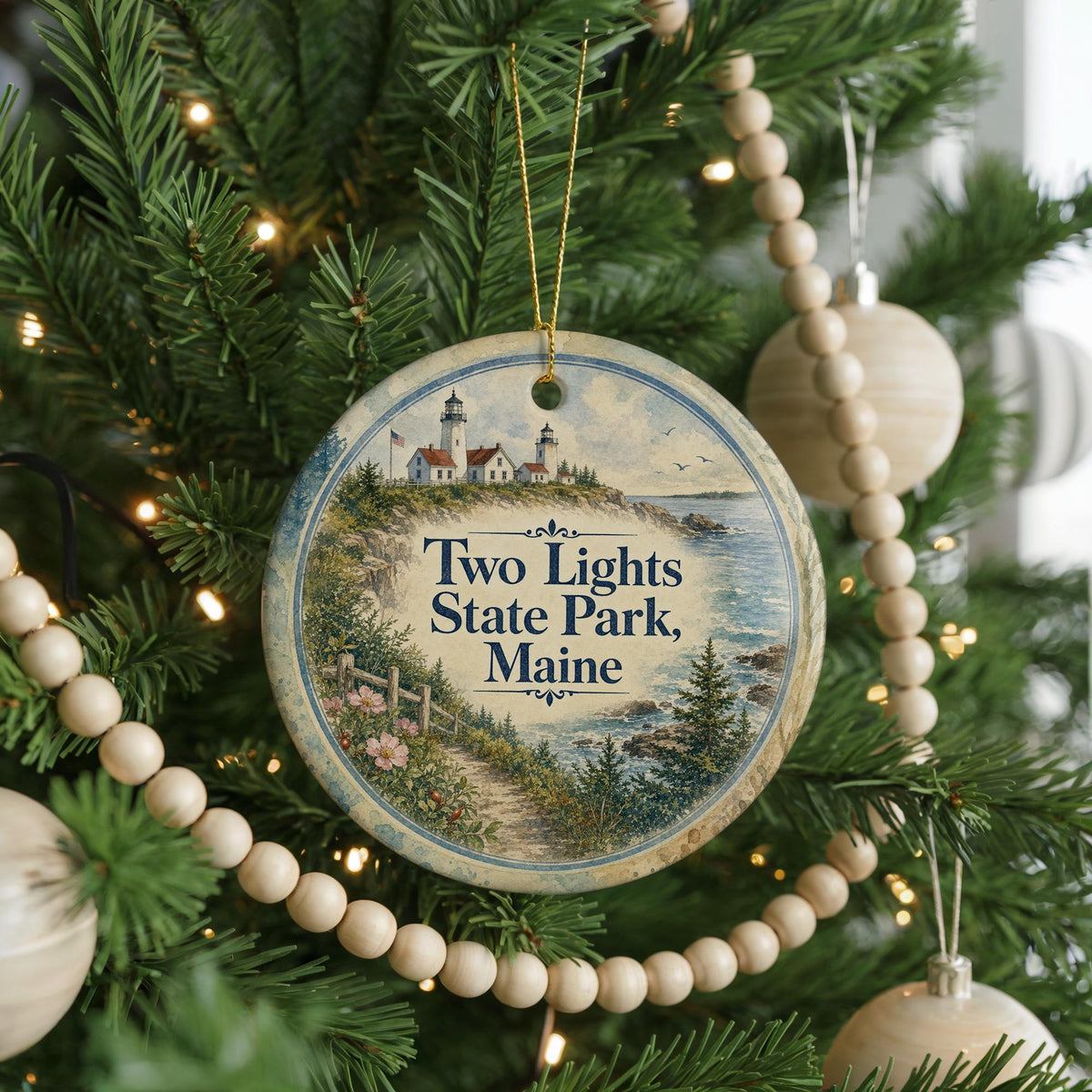 Two Lights State Park Maine Watercolor Ceramic Ornament, Coastal Lighthouse Souvenir, New England Vacation Keepsake — photo 6