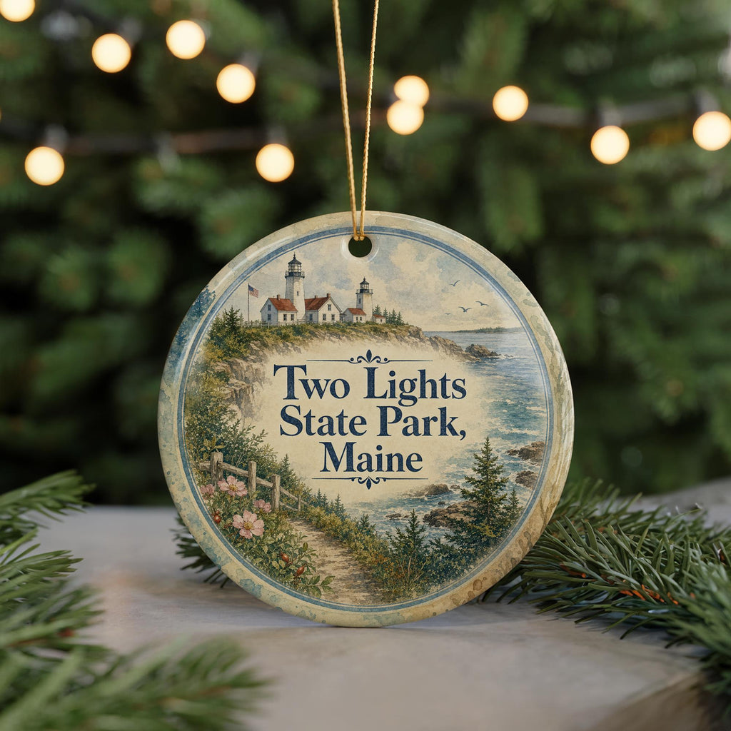 Two Lights State Park Maine Watercolor Ceramic Ornament, Coastal Lighthouse Souvenir, New England Vacation Keepsake — photo 7
