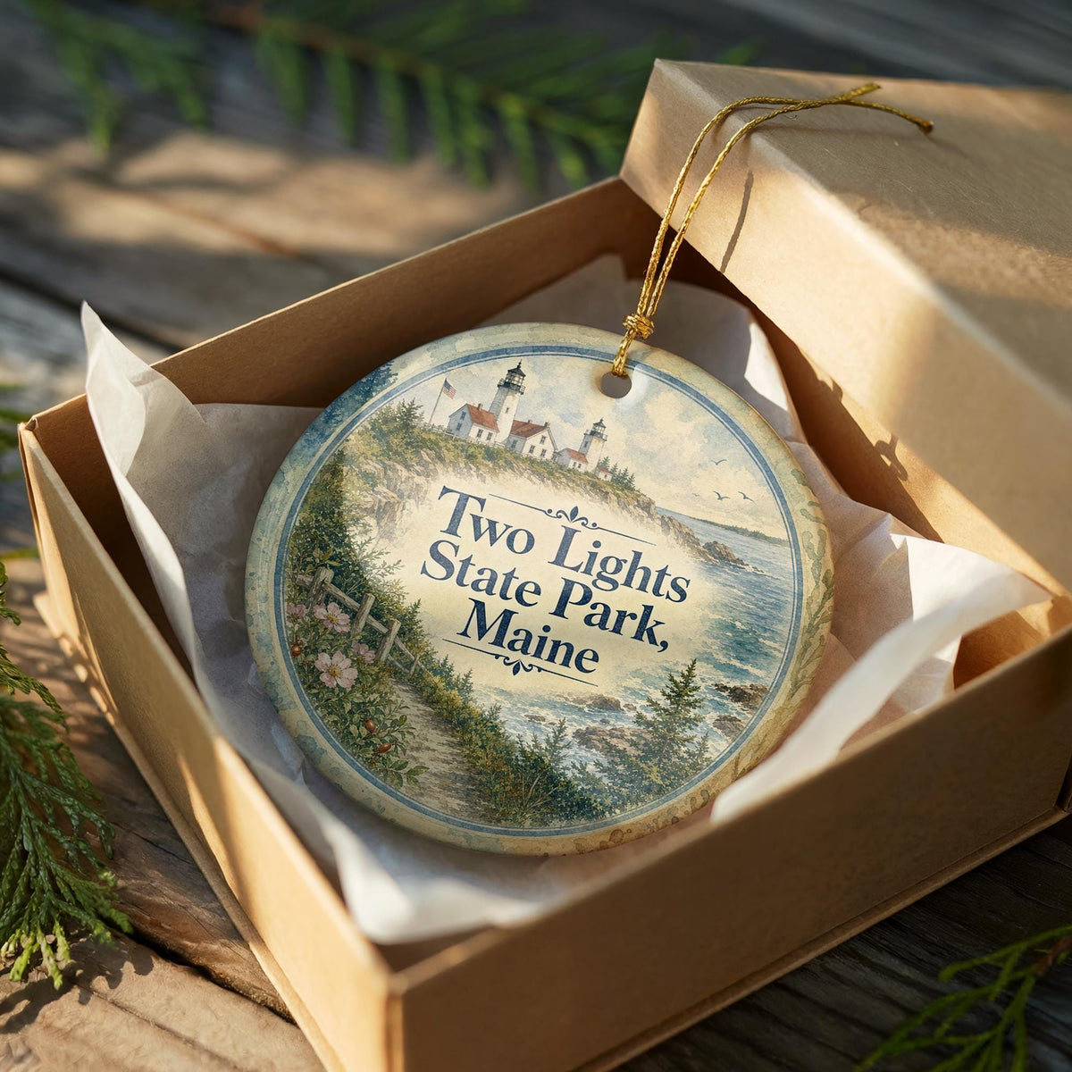 Two Lights State Park Maine Watercolor Ceramic Ornament, Coastal Lighthouse Souvenir, New England Vacation Keepsake — photo 8