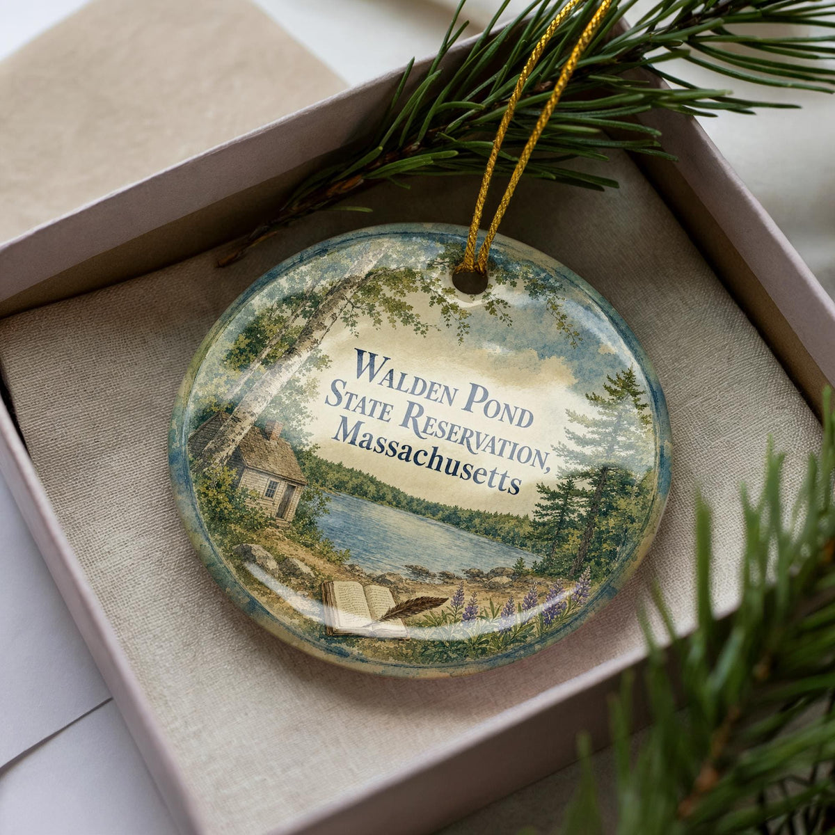 Walden Pond State Reservation Massachusetts Watercolor Ceramic Ornament, Concord MA Nature Landmark Souvenir Gift — photo 1