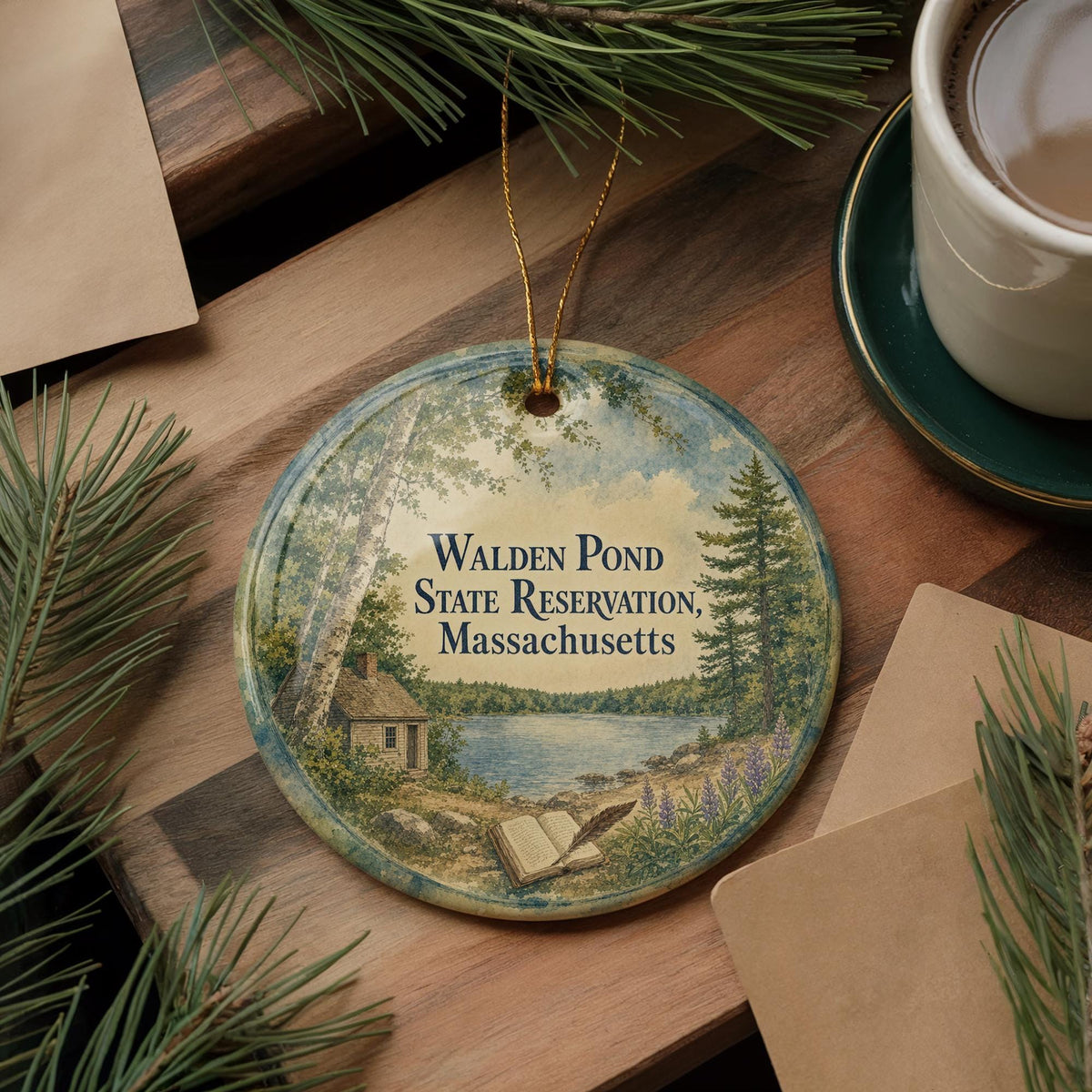 Walden Pond State Reservation Massachusetts Watercolor Ceramic Ornament, Concord MA Nature Landmark Souvenir Gift — photo 5