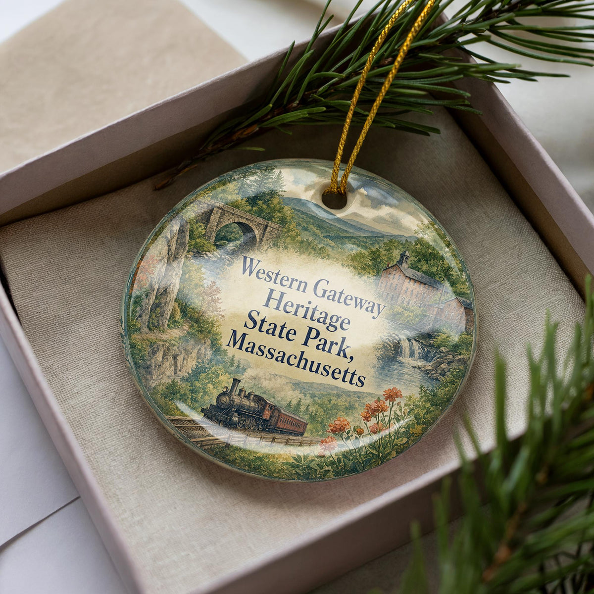 Western Gateway Heritage State Park Massachusetts Watercolor Ceramic Ornament, Fitchburg MA Landmark Souvenir Gift, Travel Keepsake Decor — photo 3