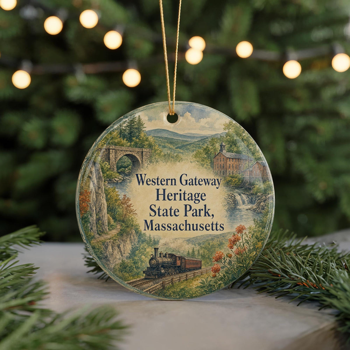 Western Gateway Heritage State Park Massachusetts Watercolor Ceramic Ornament, Fitchburg MA Landmark Souvenir Gift, Travel Keepsake Decor — photo 7