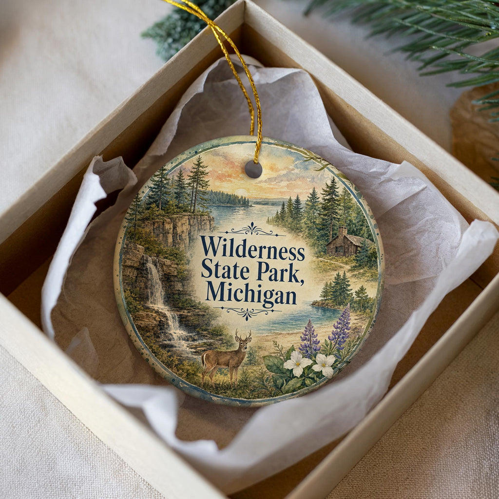 Wilderness State Park Michigan Watercolor Ceramic Ornament, Northern Michigan Nature Souvenir, Great Lakes Travel Keepsake — photo 1