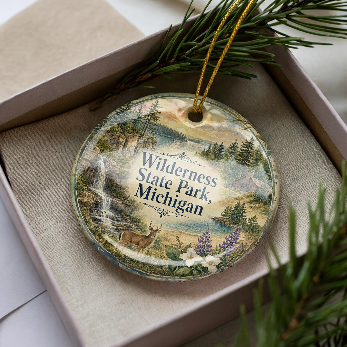 Wilderness State Park Michigan Watercolor Ceramic Ornament, Northern Michigan Nature Souvenir, Great Lakes Travel Keepsake — photo 3