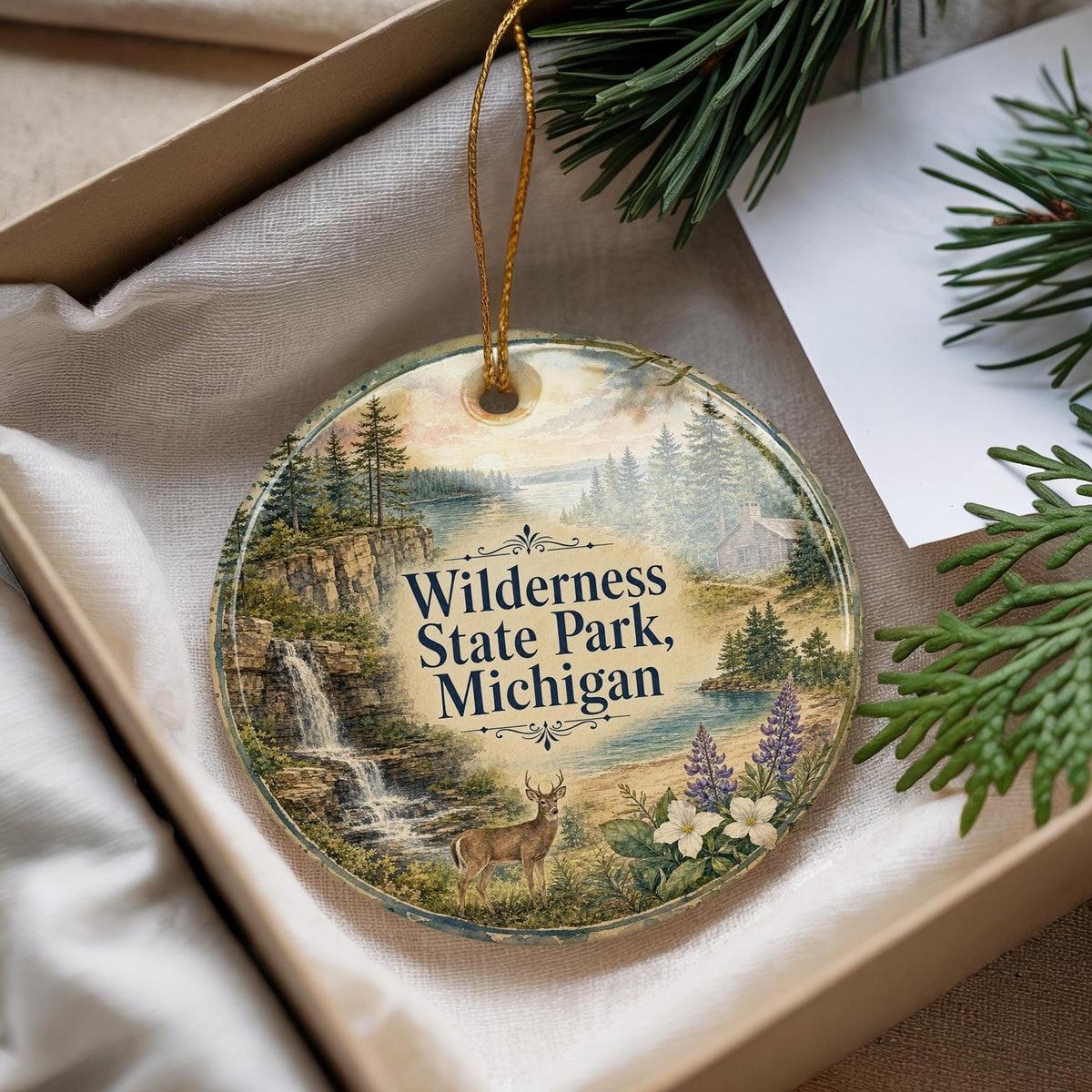 Wilderness State Park Michigan Watercolor Ceramic Ornament, Northern Michigan Nature Souvenir, Great Lakes Travel Keepsake — photo 4