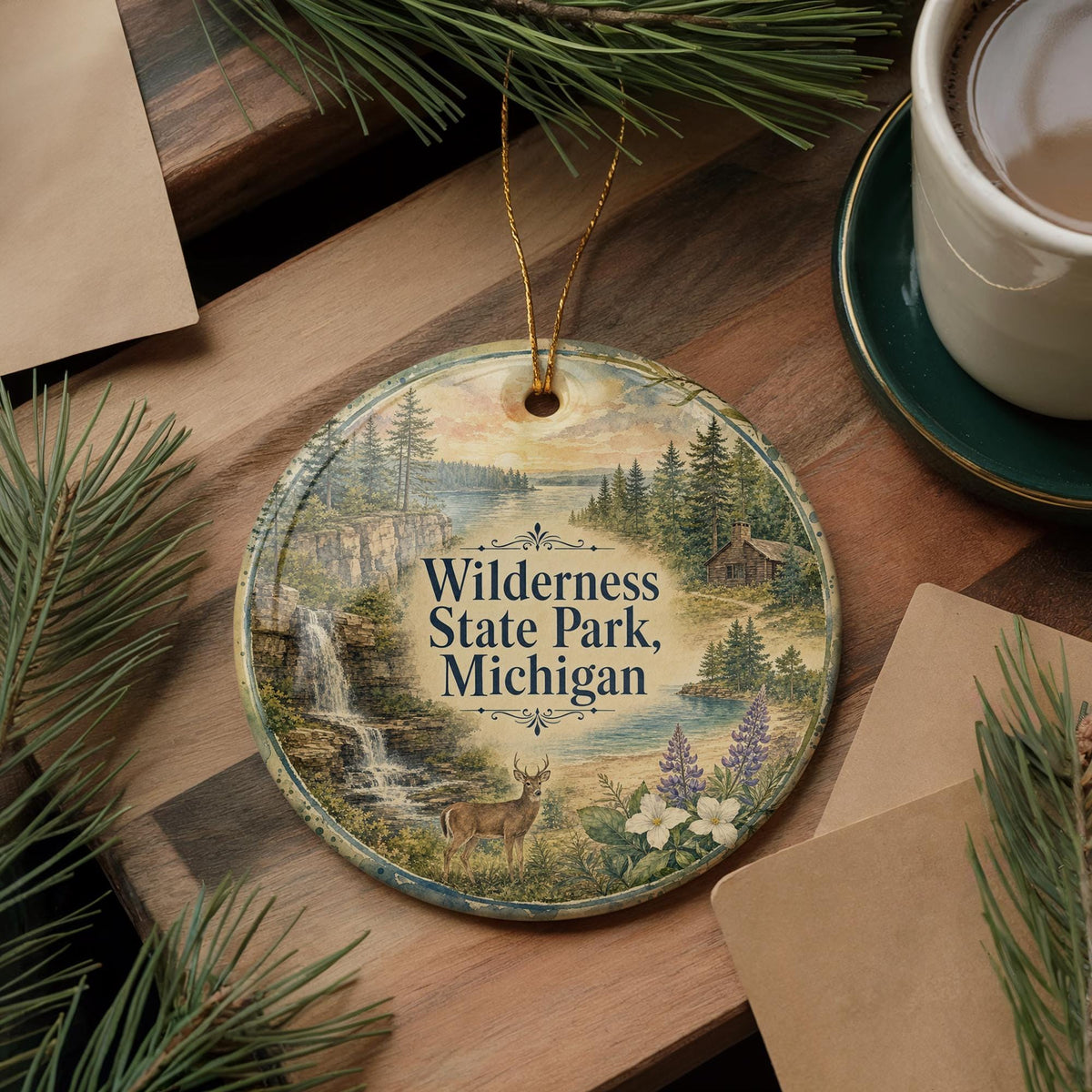 Wilderness State Park Michigan Watercolor Ceramic Ornament, Northern Michigan Nature Souvenir, Great Lakes Travel Keepsake — photo 5