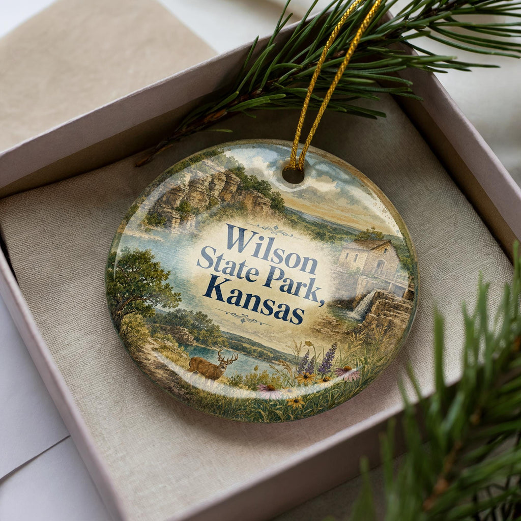 Wilson State Park Kansas Watercolor Ceramic Ornament, Lake Wilson State Park Souvenir, Kansas Travel Keepsake Ornament — photo 2
