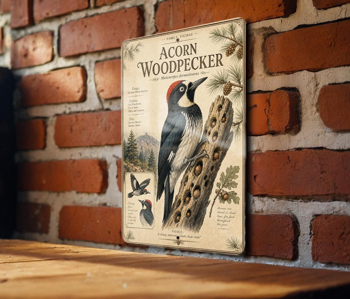 Acorn Woodpecker Metal Sign, Audubon-Inspired Bird Illustration, Scientific Name, Range Map, Habitat Notes, Natural History Wall Decor — photo 3