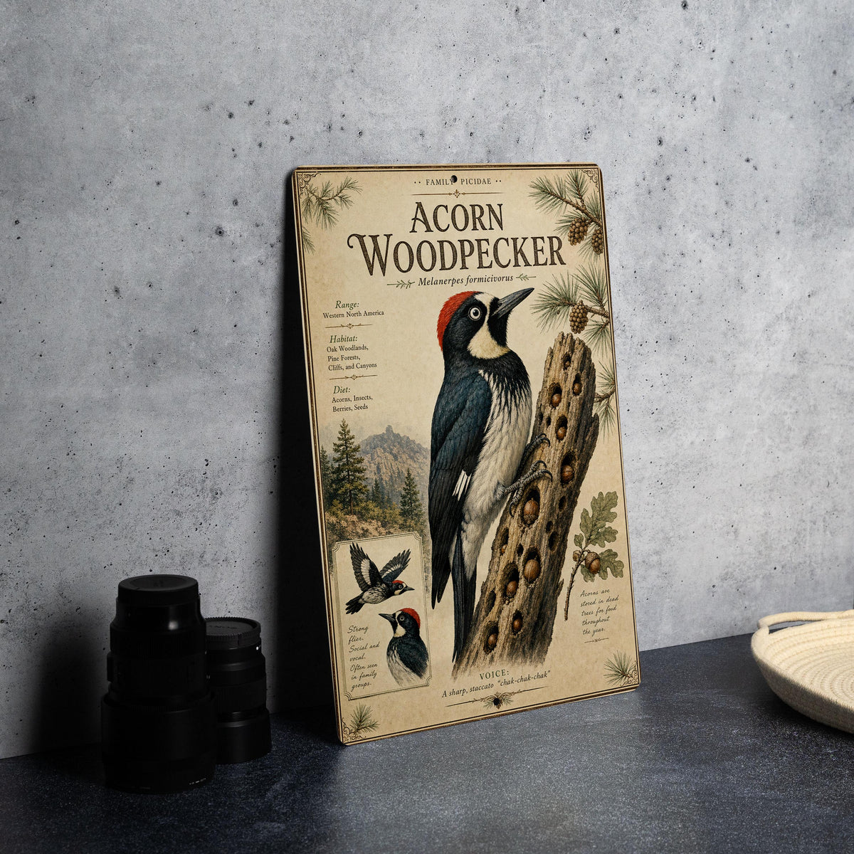 Acorn Woodpecker Metal Sign, Audubon-Inspired Bird Illustration, Scientific Name, Range Map, Habitat Notes, Natural History Wall Decor — photo 4