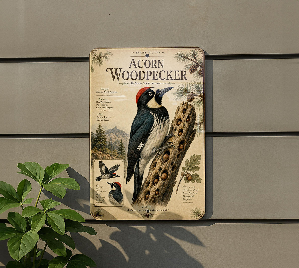 Acorn Woodpecker Metal Sign, Audubon-Inspired Bird Illustration, Scientific Name, Range Map, Habitat Notes, Natural History Wall Decor — photo 5