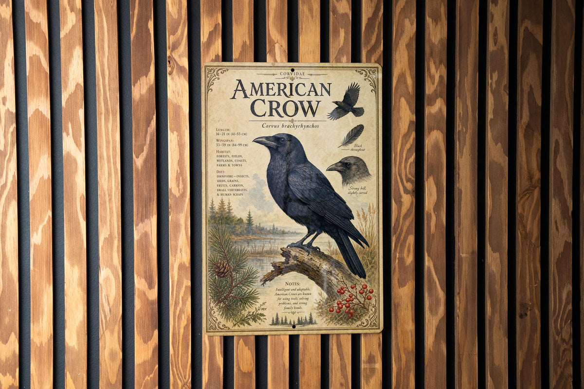 American Crow Metal Sign, Audubon Inspired Ornithology Plate, Scientific Bird Illustration with Range Map, Habitat Notes Decor — photo 1