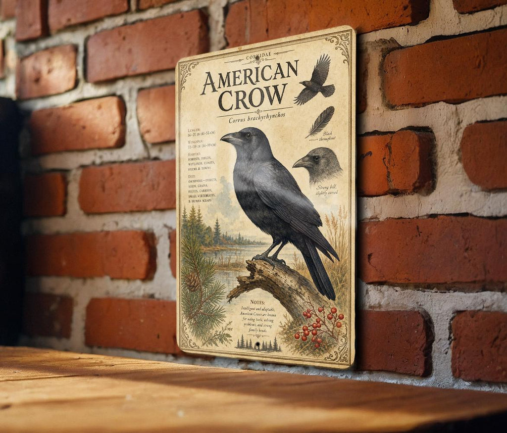 American Crow Metal Sign, Audubon Inspired Ornithology Plate, Scientific Bird Illustration with Range Map, Habitat Notes Decor — photo 2