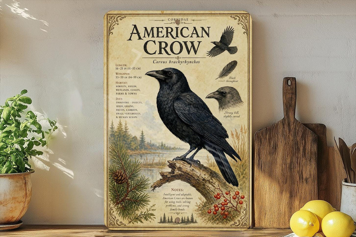 American Crow Metal Sign, Audubon Inspired Ornithology Plate, Scientific Bird Illustration with Range Map, Habitat Notes Decor — photo 3