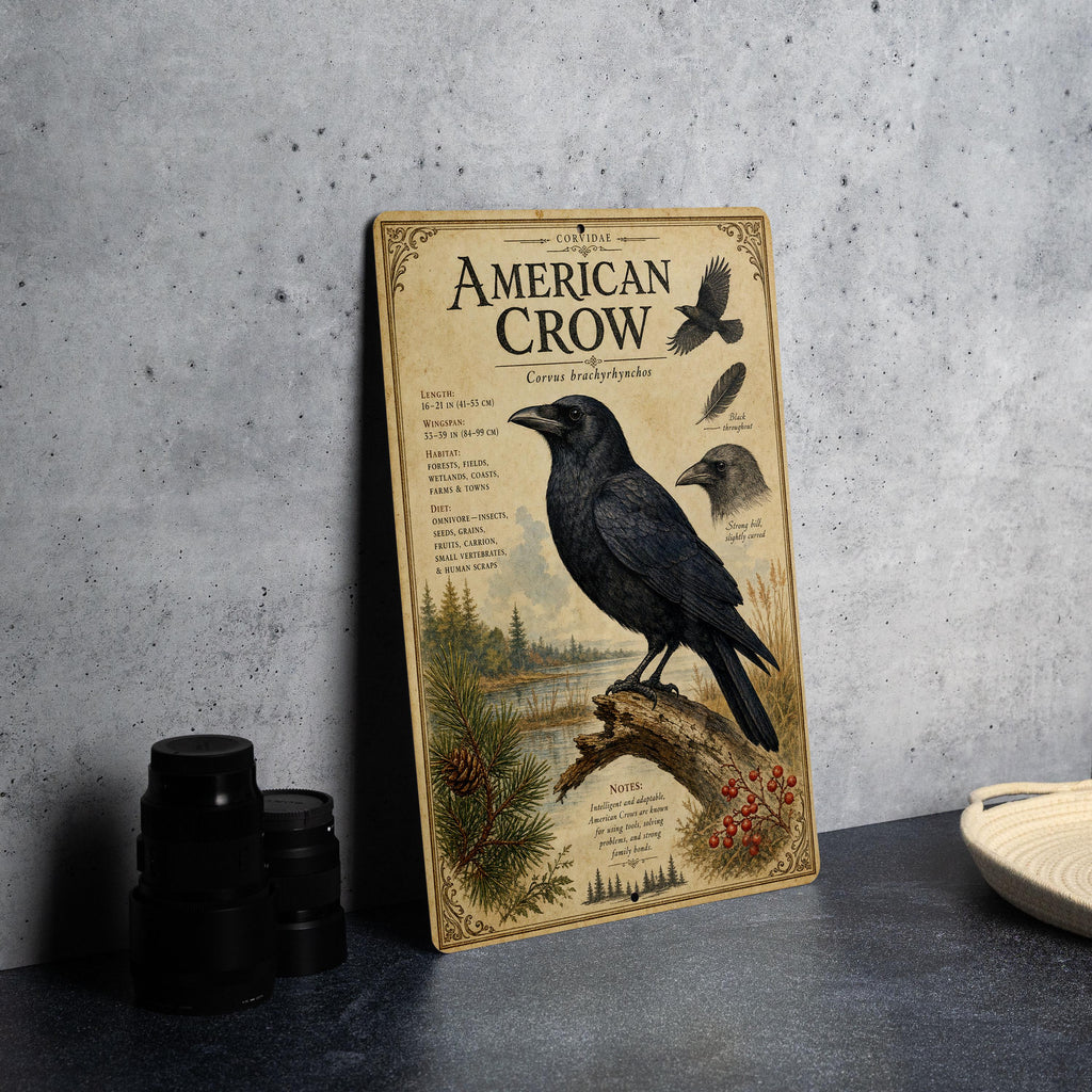 American Crow Metal Sign, Audubon Inspired Ornithology Plate, Scientific Bird Illustration with Range Map, Habitat Notes Decor — photo 4