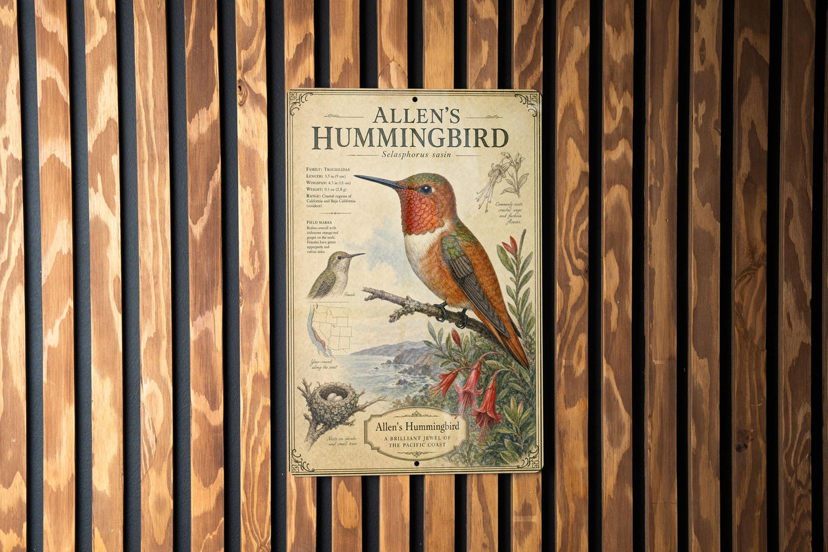 Allen’s Hummingbird Metal Sign, Audubon-Inspired Bird Illustration, Natural History Specimen Plate Wall Decor Gift for Birders — photo 1