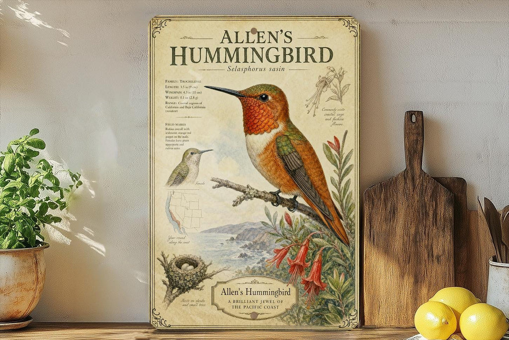 Allen’s Hummingbird Metal Sign, Audubon-Inspired Bird Illustration, Natural History Specimen Plate Wall Decor Gift for Birders — photo 2