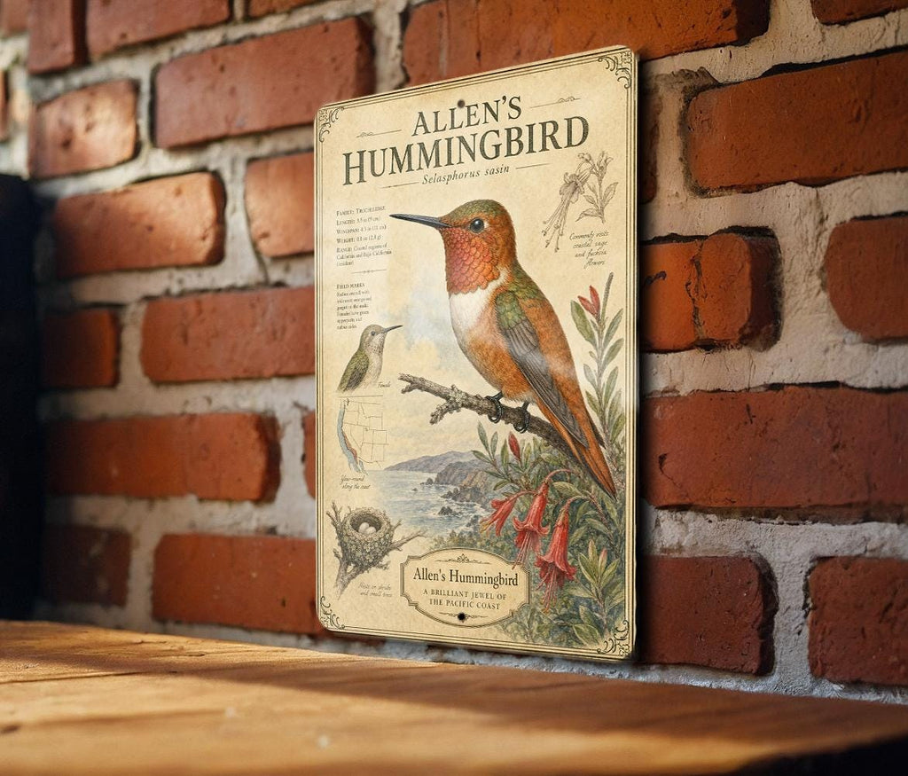 Allen’s Hummingbird Metal Sign, Audubon-Inspired Bird Illustration, Natural History Specimen Plate Wall Decor Gift for Birders — photo 3