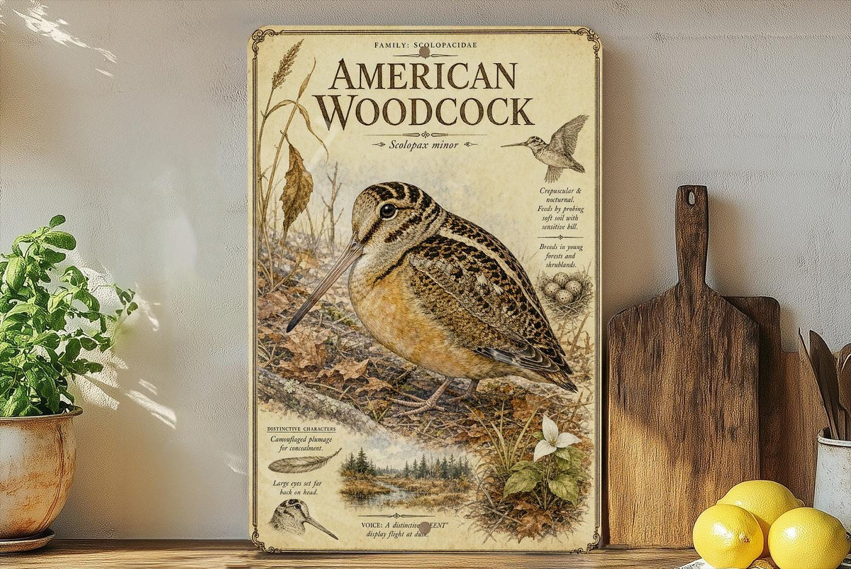 American Woodcock Metal Sign Vintage Natural History Bird Illustration Audubon Inspired Ornithology Field Guide Wall Decor Gift — photo 1