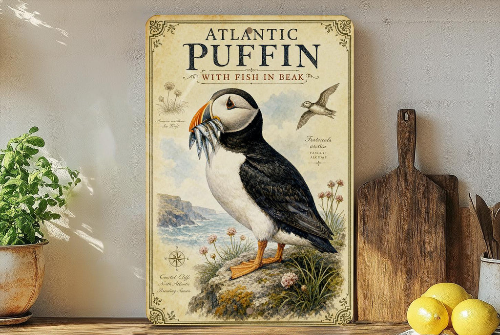 Atlantic Puffin with Fish in Beak Metal Sign, Audubon Ornithology Plate, Scientific Name, Range Map, Habitat Notes — photo 1