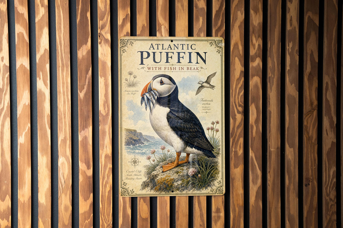 Atlantic Puffin with Fish in Beak Metal Sign, Audubon Ornithology Plate, Scientific Name, Range Map, Habitat Notes — photo 3