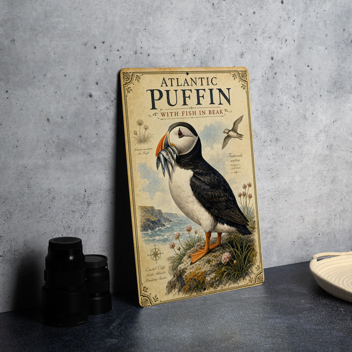 Atlantic Puffin with Fish in Beak Metal Sign, Audubon Ornithology Plate, Scientific Name, Range Map, Habitat Notes — photo 4