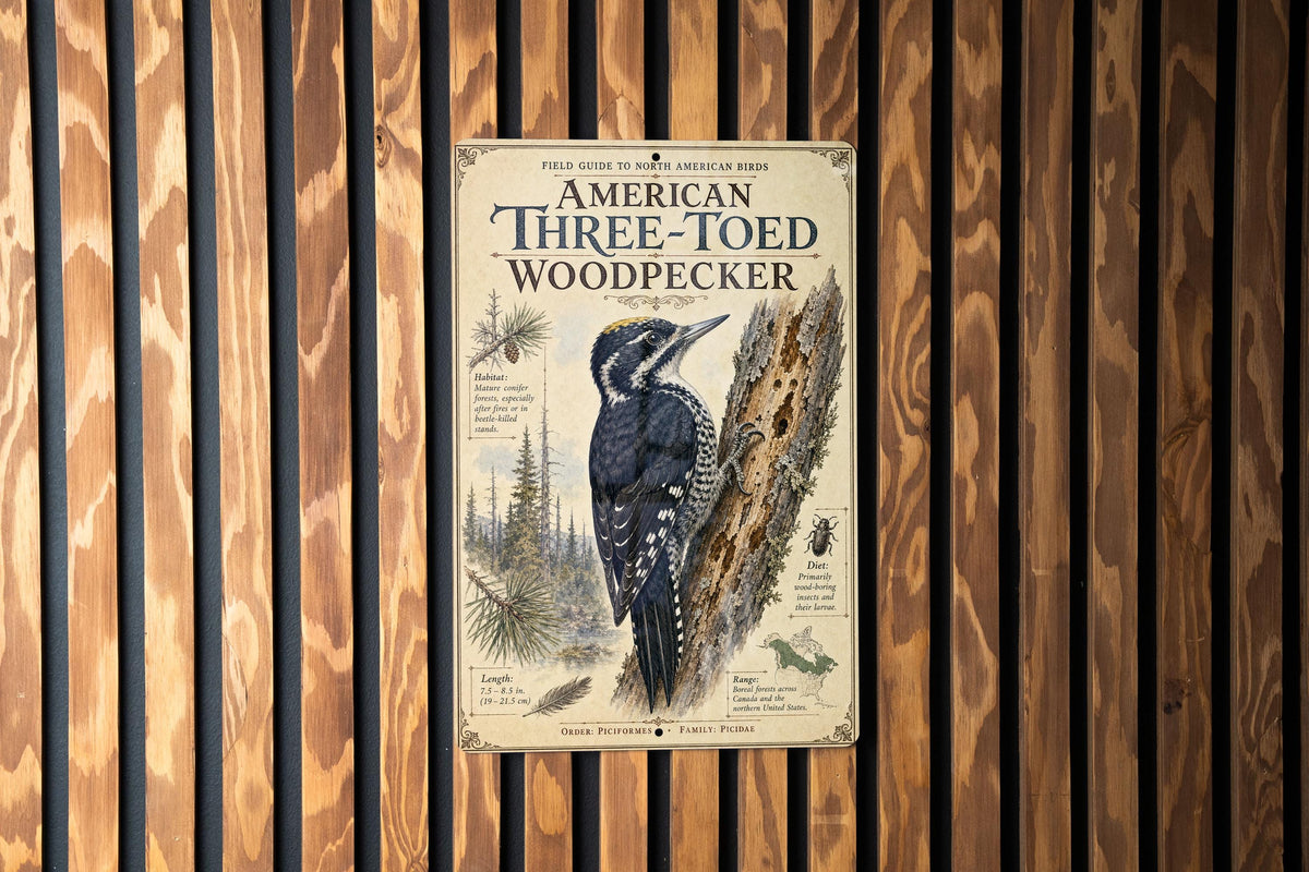 American Three-Toed Woodpecker Metal Sign, Audubon-Inspired Natural History Bird Illustration, Scientific Name Range Map Notes Habitat Scene — photo 2
