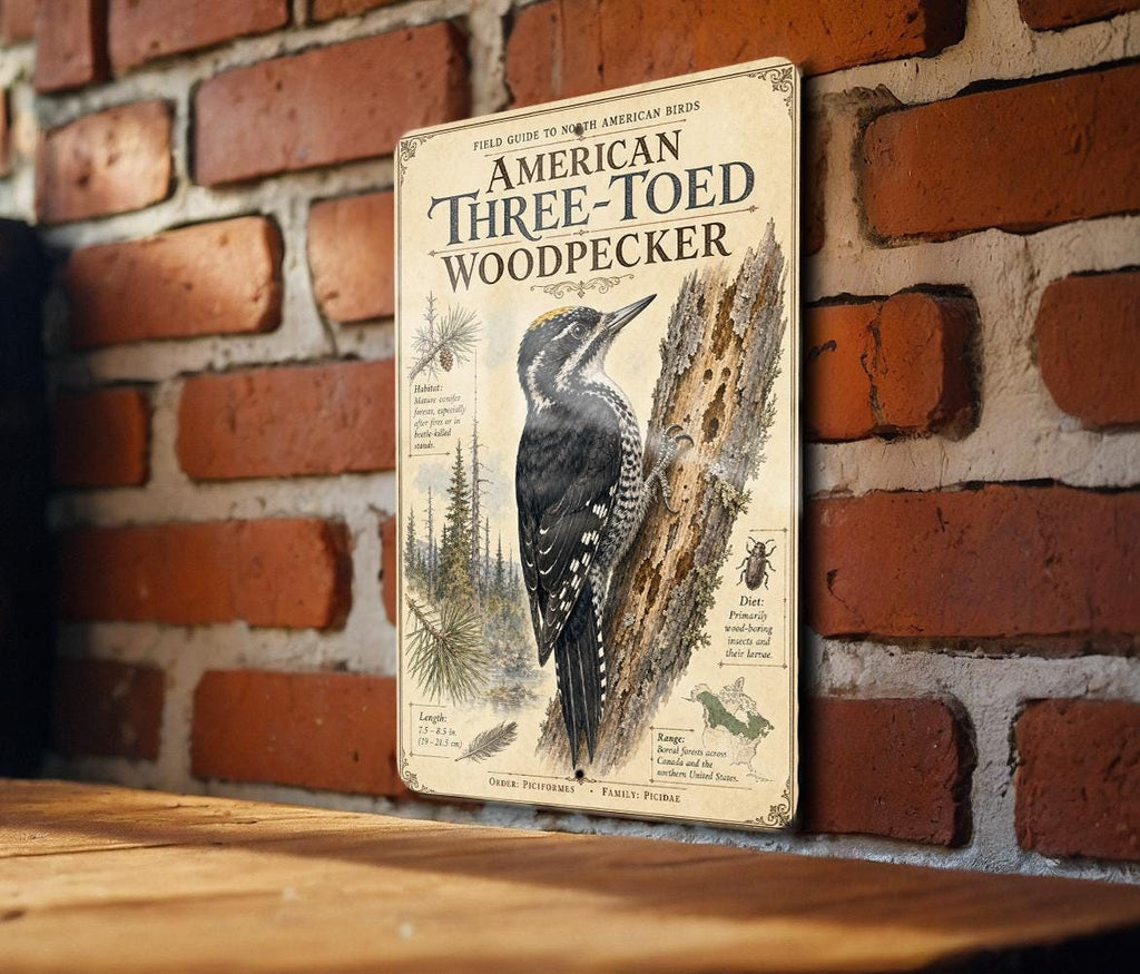 American Three-Toed Woodpecker Metal Sign, Audubon-Inspired Natural History Bird Illustration, Scientific Name Range Map Notes Habitat Scene — photo 3