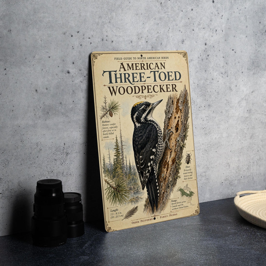 American Three-Toed Woodpecker Metal Sign, Audubon-Inspired Natural History Bird Illustration, Scientific Name Range Map Notes Habitat Scene — photo 4