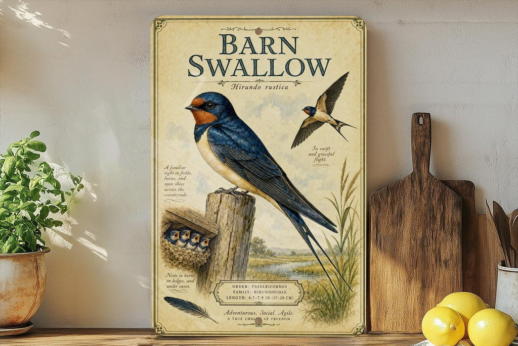 Barn Swallow Metal Sign, Audubon-Inspired Natural History Bird Illustration with Scientific Name, Range Map, Habitat Notes Wall Decor — photo 3