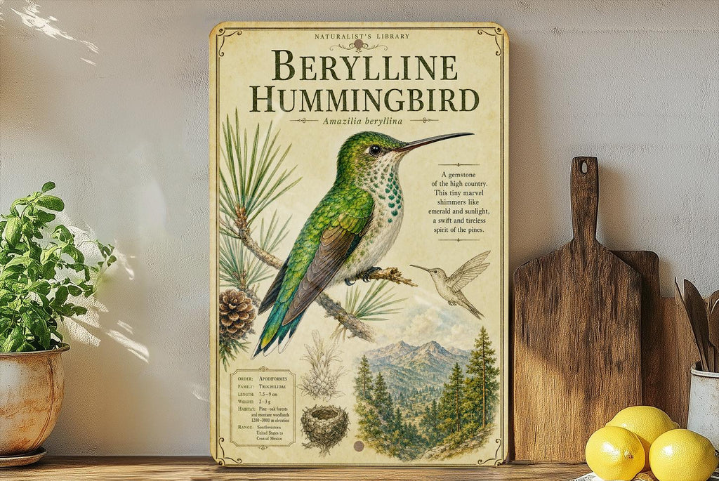 Berylline Hummingbird Metal Sign, Audubon-Inspired Ornithology Plate, Scientific Name, Range Map, Habitat Notes, Bird Wall Decor — photo 1